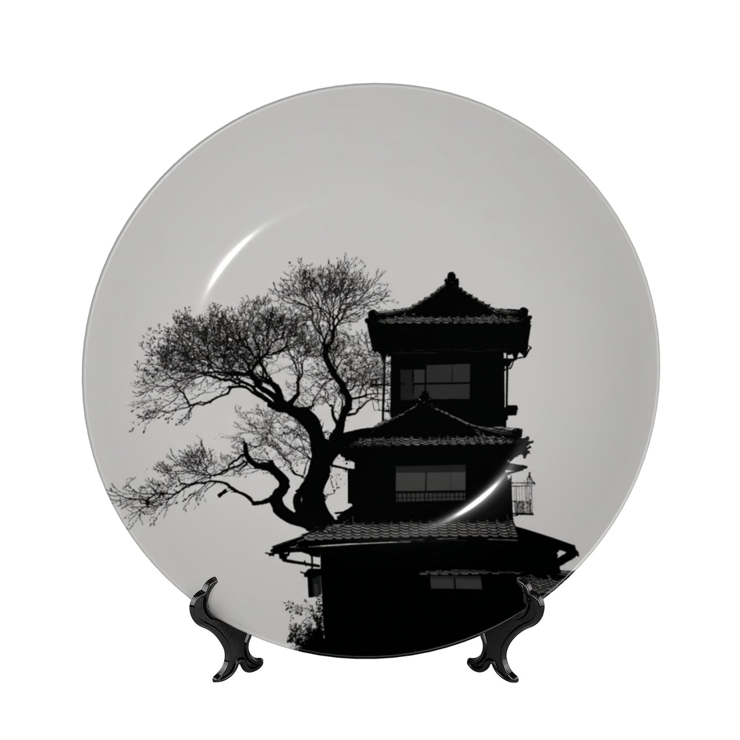 Oriental Serenity · Silhouette of Ancient Pagoda and Tree Decorative Plate