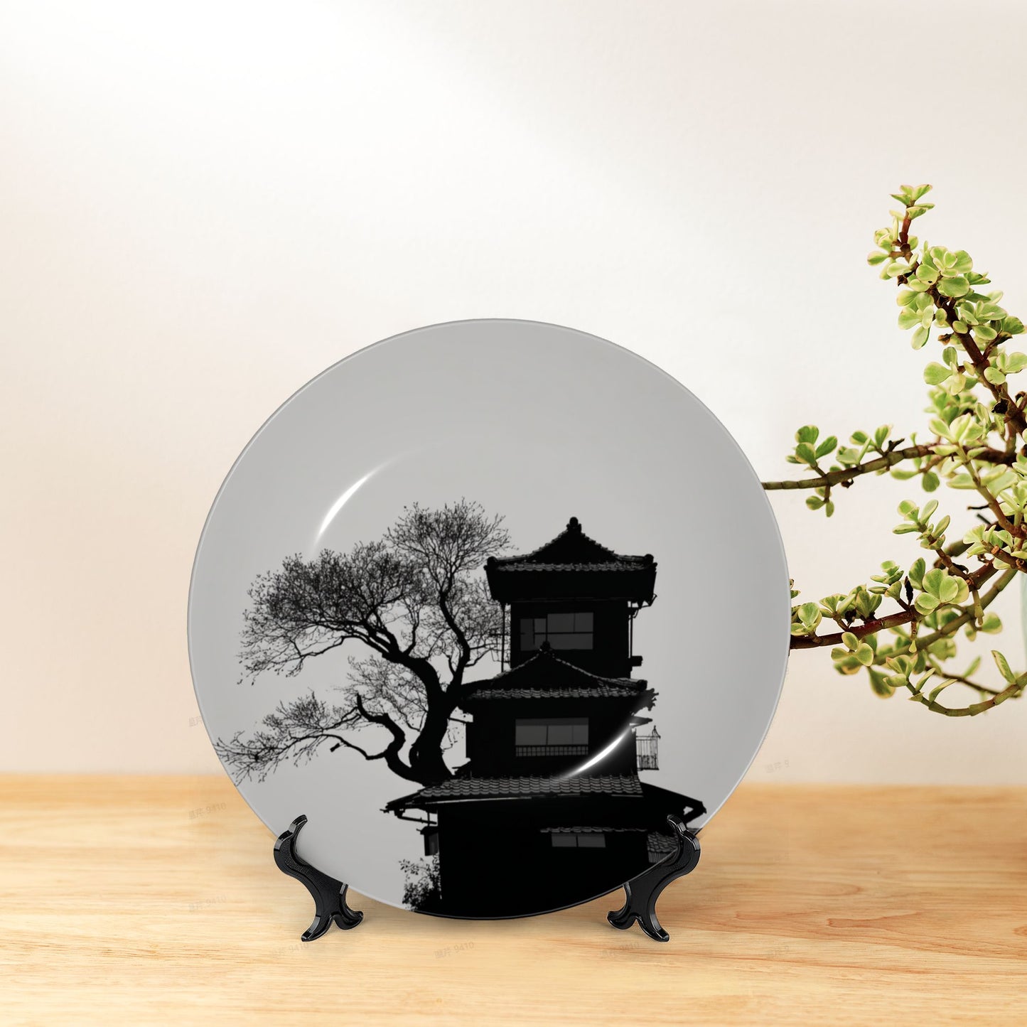 Oriental Serenity · Silhouette of Ancient Pagoda and Tree Decorative Plate