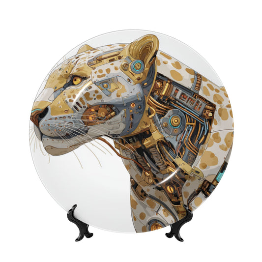 White-Gold Cybernetic Leopard · Futuristic Mecha-Inspired Decorative Plate