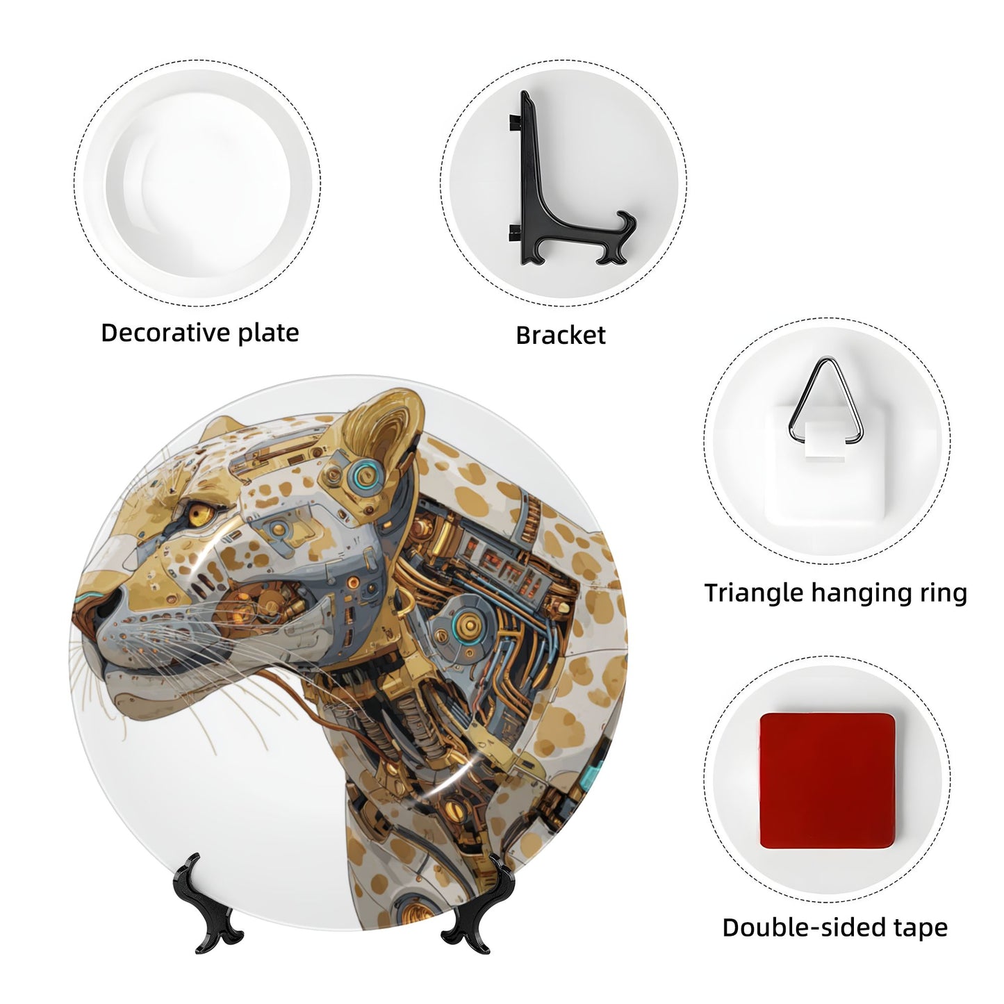 White-Gold Cybernetic Leopard · Futuristic Mecha-Inspired Decorative Plate