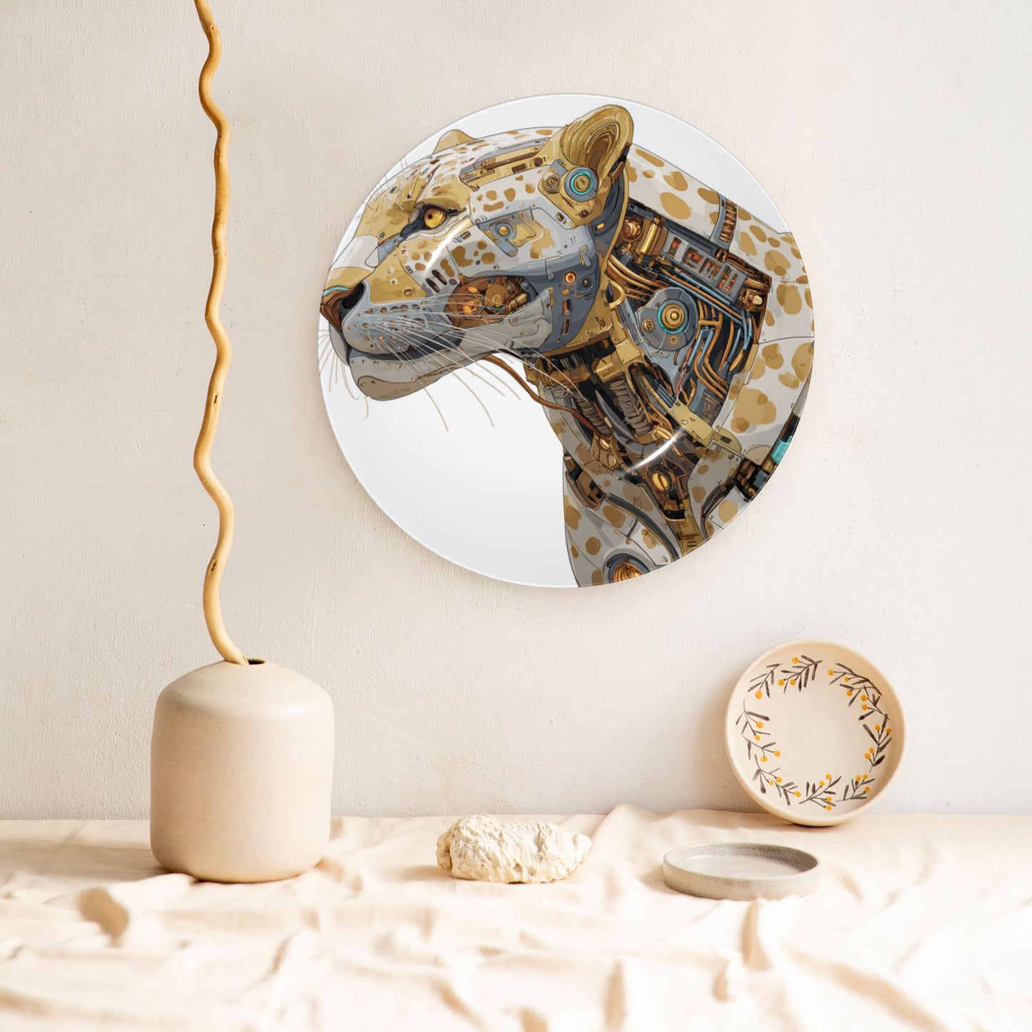 White-Gold Cybernetic Leopard · Futuristic Mecha-Inspired Decorative Plate