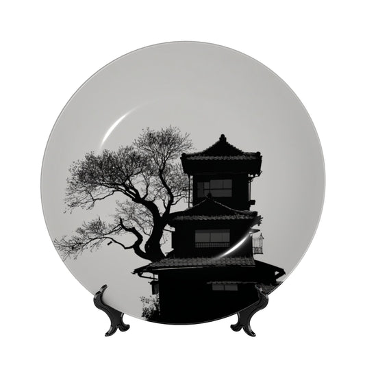 Oriental Serenity · Silhouette of Ancient Pagoda and Tree Decorative Plate