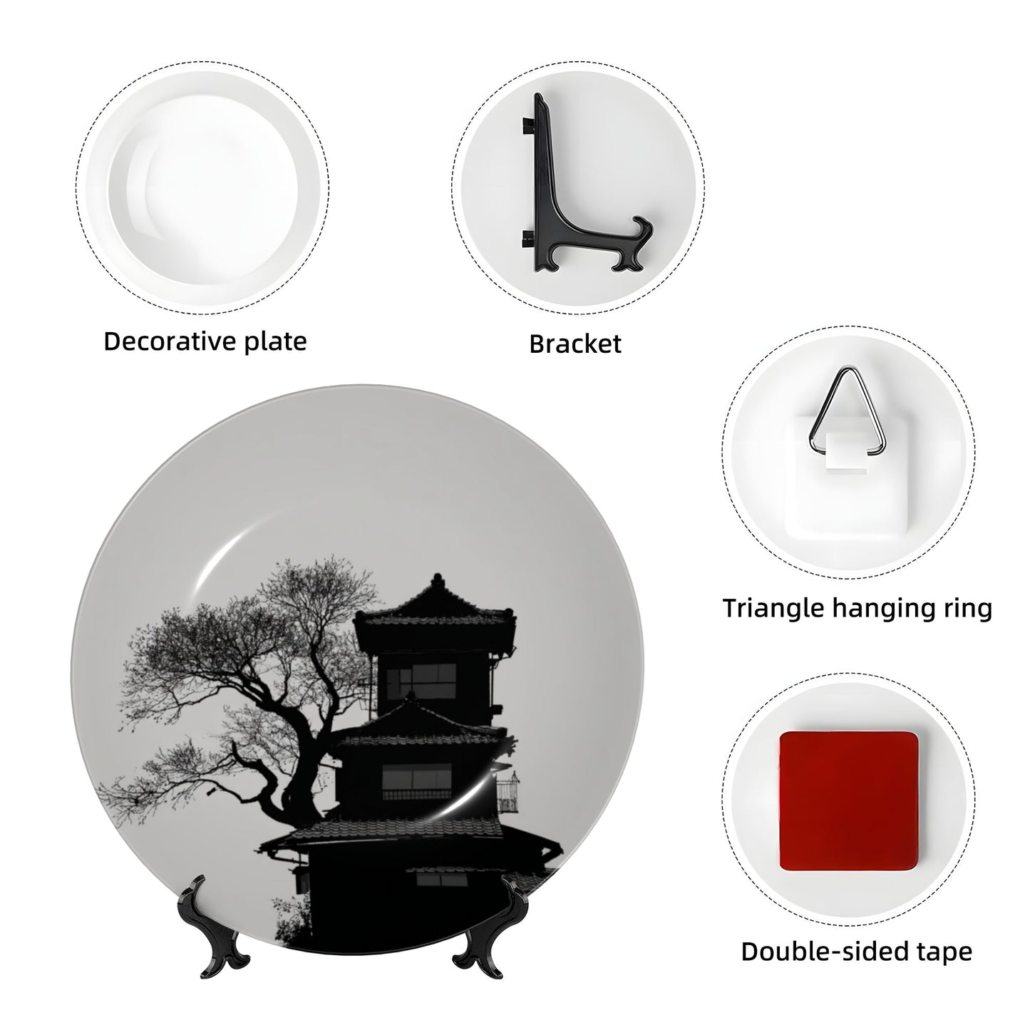 Oriental Serenity · Silhouette of Ancient Pagoda and Tree Decorative Plate