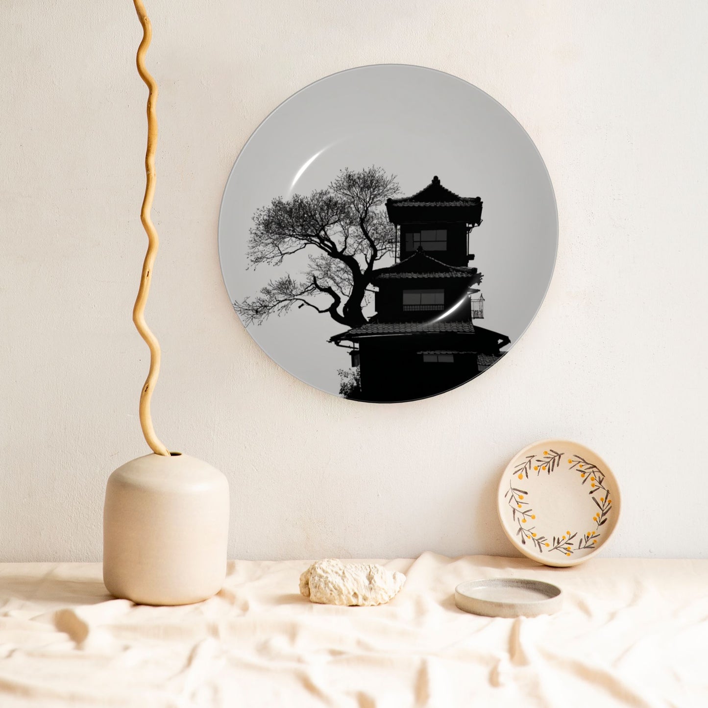 Oriental Serenity · Silhouette of Ancient Pagoda and Tree Decorative Plate